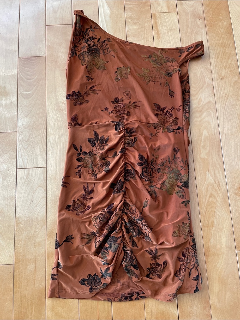M. Floral One-Shoulder Rust Dress with Side Tie - Picture 2 of 5